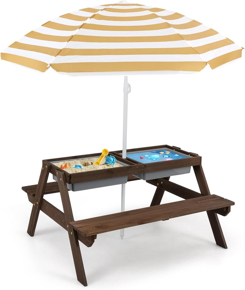 Olakids Kids Picnic Table, 4 in 1 Outdoor Toddler Sand Water Wooden Table and Chair Set with Removable Umbrella, Children Activity Furniture Bench Set for Patio Garden Backyard - Image 1
